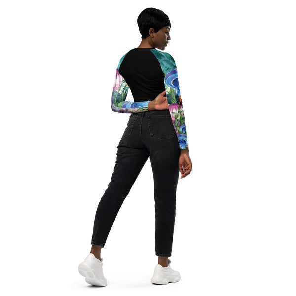 dos jean noir - Crop Top Lycra Femme Manche Longue Recyclé SPF50 Bleu Marine Meduse - Couleurs Lagon