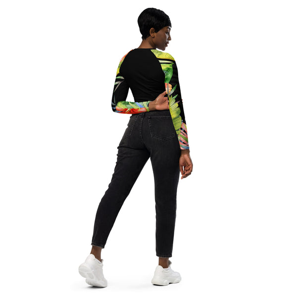 dos & jean noir - Crop Top Lycra Femme Manche Longue Recyclé SPF50 Noir Floral Hibiscus - Couleurs Lagon