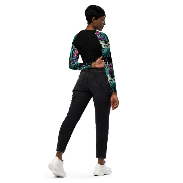 dos & jean noir - Crop Top Lycra Femme Manche Longue Recyclé SPF50 Noir Floral Libellule - Couleurs Lagon