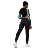 dos et jean noir - Crop Top Lycra Femme Manche Longue Recyclé SPF50 Noir Floral Libellule 2 - Couleurs Lagon