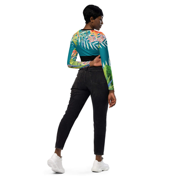 dos jeans - Lycra MITI Crop Top Femme Caraco Recyclé UV50 Hibiscus Turquoise - Couleurs Lagon