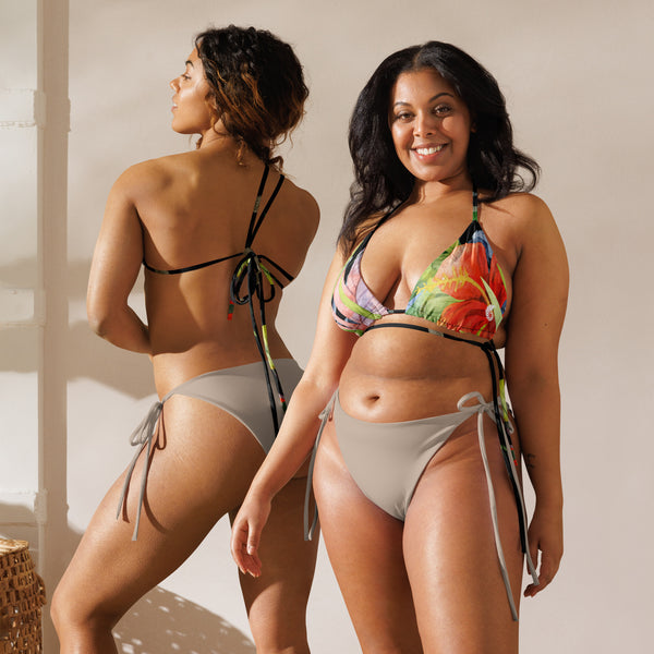 dos et avant - Haut de bikini éco-responsable rembourré UPF50+ Noir Floral Hibiscus - Couleurs Lagon