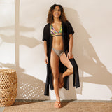 avant et robe longue de plage - Haut de bikini éco-responsable rembourré UPF50+ Noir Floral Hibiscus - Couleurs Lagon