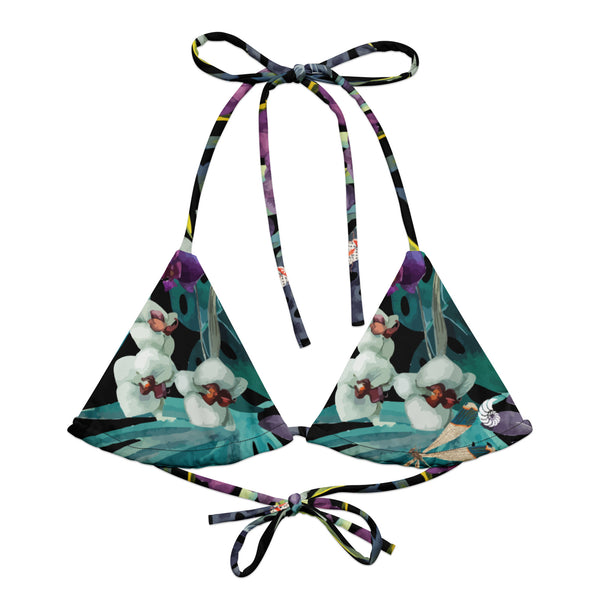 avant à plat - Haut de bikini éco-responsable rembourré UPF50+ Noir Floral Libellule - Couleurs Lagon