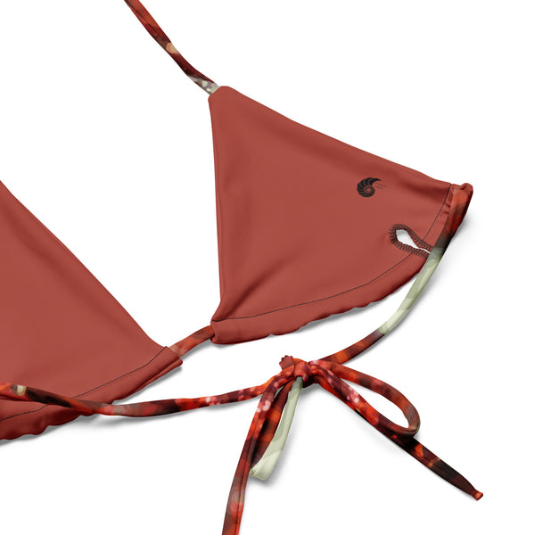 gros plan interieur coutures - Haut de bikini éco-responsable rembourré UPF50+ Gorgone Rouge Dragon Fish - Couleurs Lagon