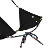 gros plan interieur coutures - Haut de bikini éco-responsable rembourré UPF50+ Noir Floral Libellule - Couleurs Lagon
