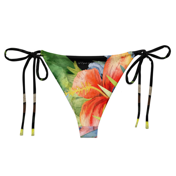 dos à plat - Bas de Bikini String Doublé Noir Recyclé UPF50+ Floral Hibiscus - Couleurs Lagon