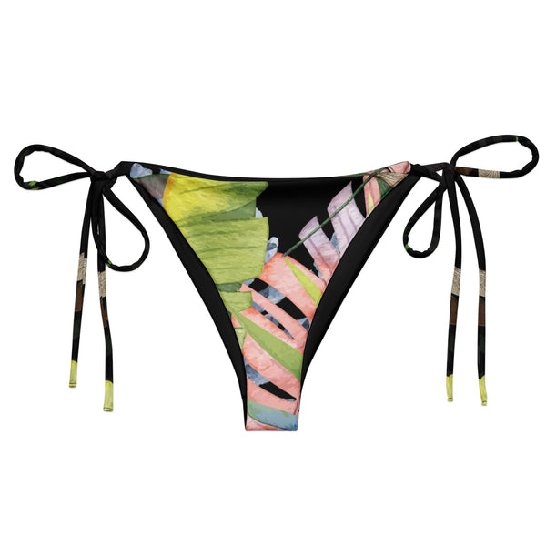 avant à plat - Bas de Bikini String Doublé Noir Recyclé UPF50+ Floral Hibiscus - Couleurs Lagon