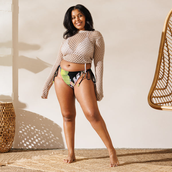 crop-top crochet et bas grande taille - Bas de Bikini String Doublé Noir Recyclé UPF50+ Floral Hibiscus - Couleurs Lagon