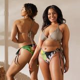 dos et avant - Bas de Bikini String Doublé Noir Recyclé UPF50+ Floral Hibiscus - Couleurs Lagon