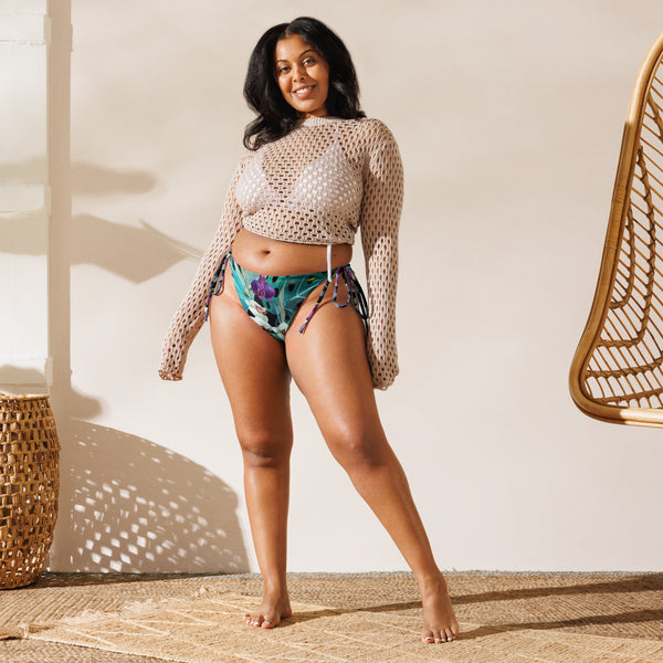 avant grande taille - Bas de Bikini String Doublé Noir Recyclé UPF50+ Floral Libellule - Couleurs Lagon