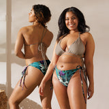 dos et avant - Bas de Bikini String Doublé Noir Recyclé UPF50+ Floral Libellule - Couleurs Lagon