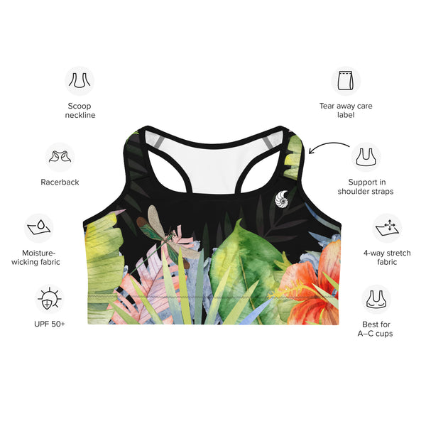 Couleurs Lagon - Brassière de Sport NOIR FLORAL HIBISCUS LIBELLULE