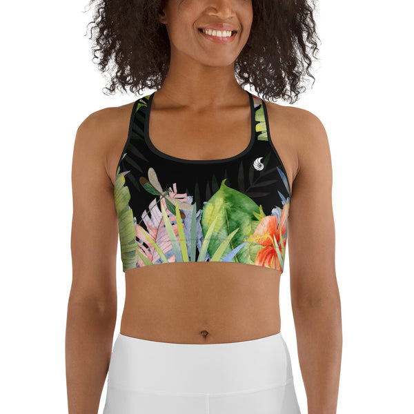 Couleurs Lagon - Brassière de Sport NOIR FLORAL HIBISCUS LIBELLULE