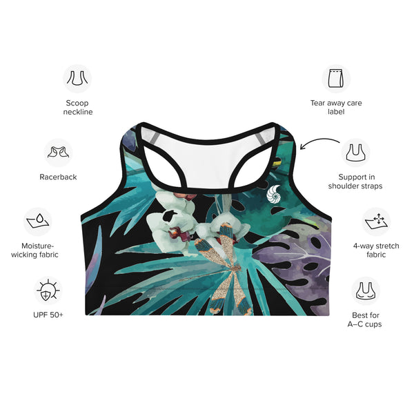 Top sport brassière motif libellule noir — avant Couleurs Lagon