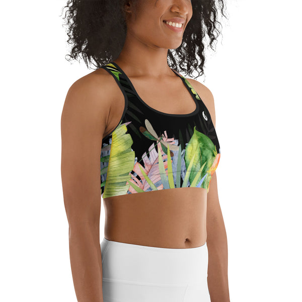 Couleurs Lagon - Brassière de Sport NOIR FLORAL HIBISCUS LIBELLULE