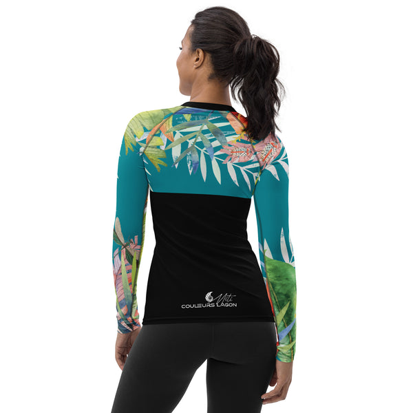 Vêtement anti-UV femme surf plongée motif floral — dos Couleurs Lagon Pacifique