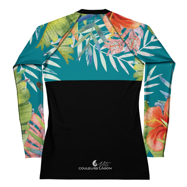 Protection solaire surf femme motif floral — à plat dos Couleurs Lagon MITI