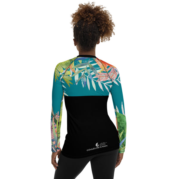 Lycra MITI Caraco rashguard femme noir turquoise — dos porté Couleurs Lagon
