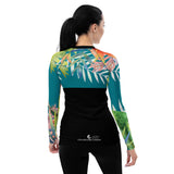 Rashguard femme motif hibiscus turquoise — vue dos Couleurs Lagon MITI Caraco
