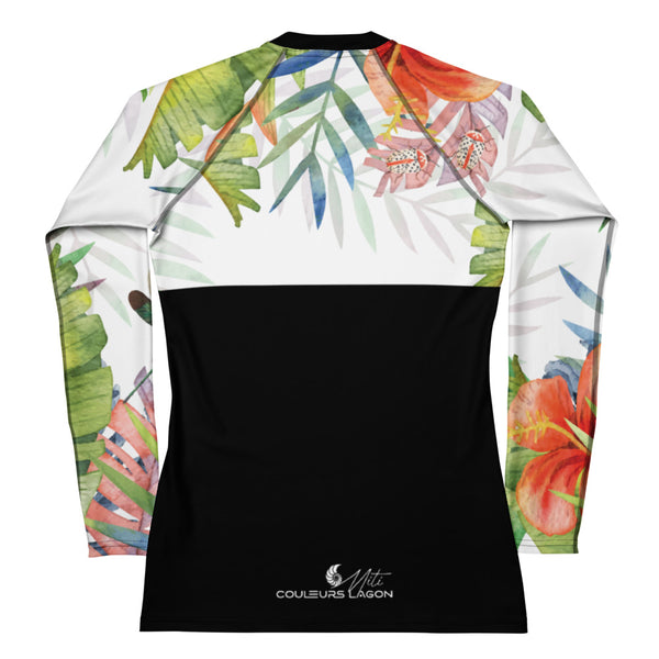 dos a plat - Lycra Rashguard Noir Femme MITI HIBISCUS Caraco - Couleurs Lagon
