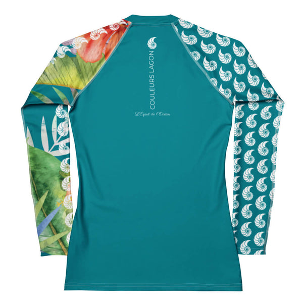 dos a plat - Lycra Rashguard Femme Floral TURQUOISE HIBISCUS - Couleurs Lagon