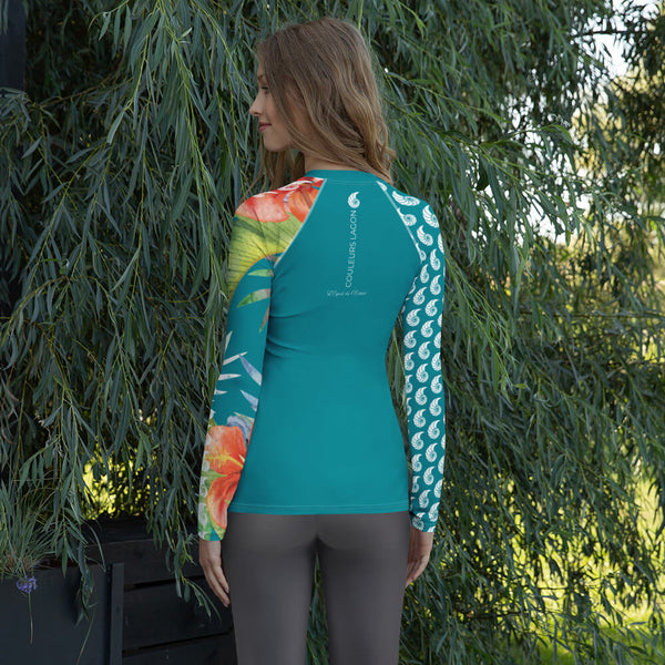 dos fond vert - Lycra Rashguard Femme Floral TURQUOISE HIBISCUS - Couleurs Lagon