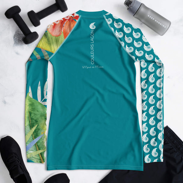 dos crossfit - Lycra Rashguard Femme Floral TURQUOISE HIBISCUS - Couleurs Lagon