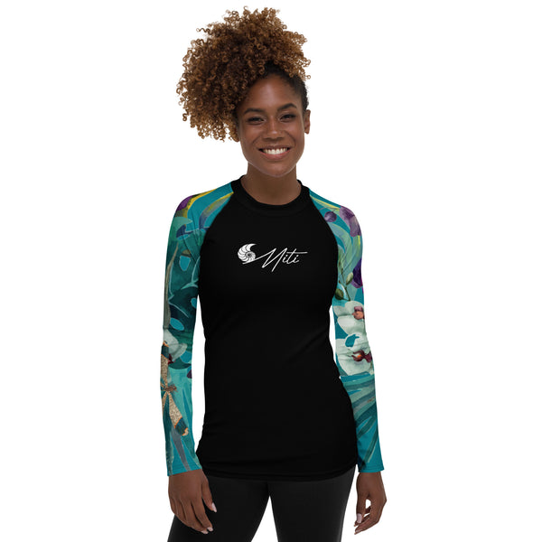 avant - Lycra Rashguard Noir Femme MITI TURQUOISE ORCHIDEES Caraco - Couleurs Lagon