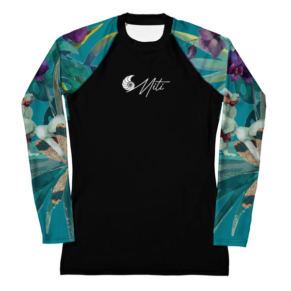 avant a plat - Lycra Rashguard Noir Femme MITI TURQUOISE ORCHIDEES Caraco - Couleurs Lagon