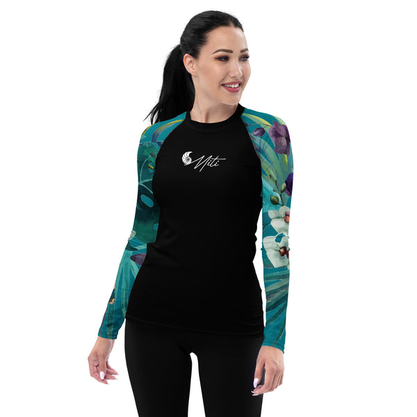 avant - Lycra Rashguard Noir Femme MITI TURQUOISE ORCHIDEES Caraco - Couleurs Lagon