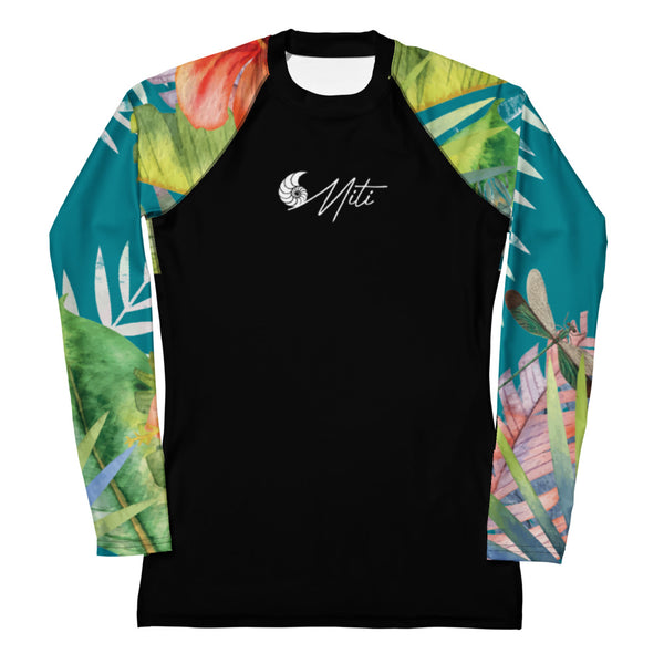 Rashguard kite femme UPF50+ turquoise hibiscus — à plat avant Couleurs Lagon