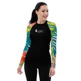 Lycra surf femme UPF50+ turquoise hibiscus noir — vue avant Couleurs Lagon