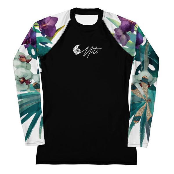 avant a plat - Lycra Rashguard Noir Femme MITI ORCHIDEES Caraco - Couleurs Lagon