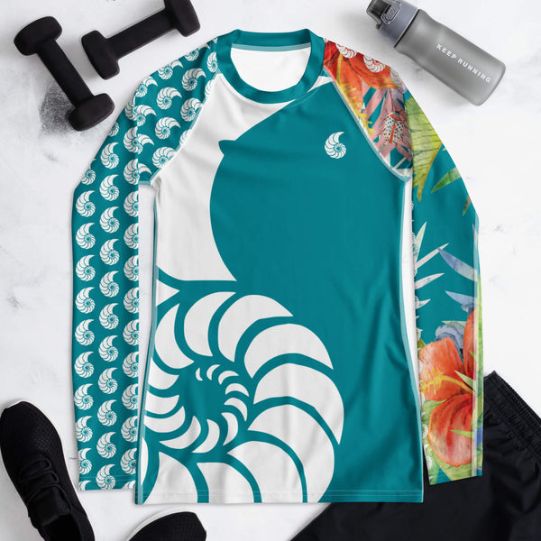 avant crossfit - Lycra Rashguard Femme Floral TURQUOISE HIBISCUS - Couleurs Lagon