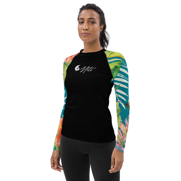 Lycra surf femme noir hibiscus turquoise — gauche Couleurs Lagon MITI Caraco