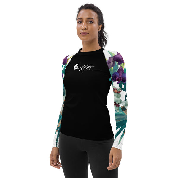 gauche - Lycra Rashguard Noir Femme MITI ORCHIDEES Caraco - Couleurs Lagon