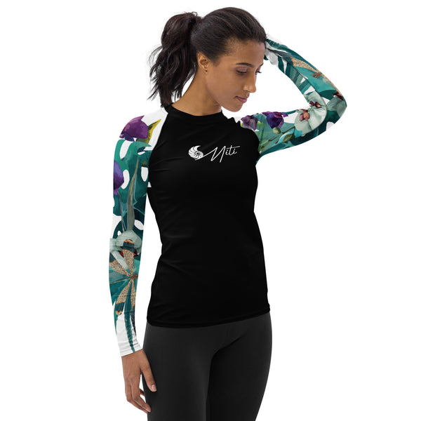 droite - Lycra Rashguard Noir Femme MITI ORCHIDEES Caraco - Couleurs Lagon