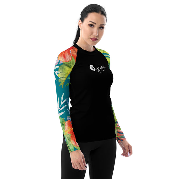 Rashguard femme UPF50+ turquoise hibiscus noir — vue côté droit Couleurs Lagon