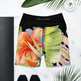 Couleurs Lagon - Yoga Shorts de Bain Taille Haute NOIR FLORAL HIBISCUS - 1 poche ceinture