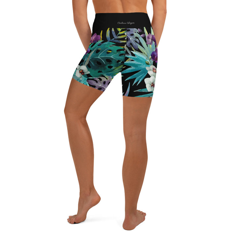 Couleurs Lagon - Yoga Shorts de Bain Taille Haute NOIR FLORAL - 1 poche ceinture
