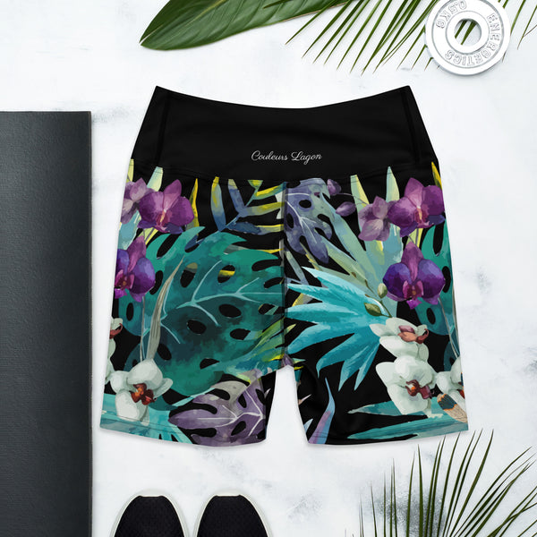 Yoga short de bain taille haute floral tropical — dos plat Couleurs Lagon