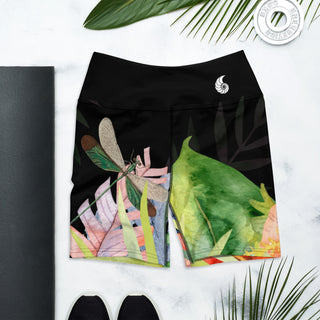 Couleurs Lagon - Yoga Shorts de Bain Taille Haute NOIR FLORAL HIBISCUS LIBELLULE - 1 poche ceinture