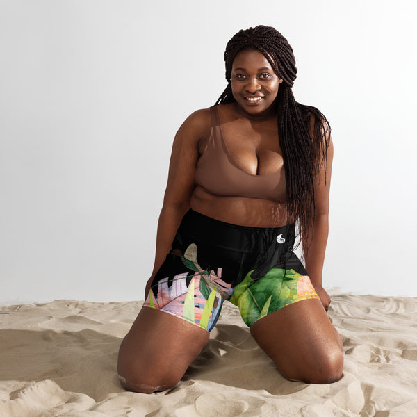 Yoga short surf femme UPF50+ hibiscus libellule — avant Couleurs Lagon Nouméa