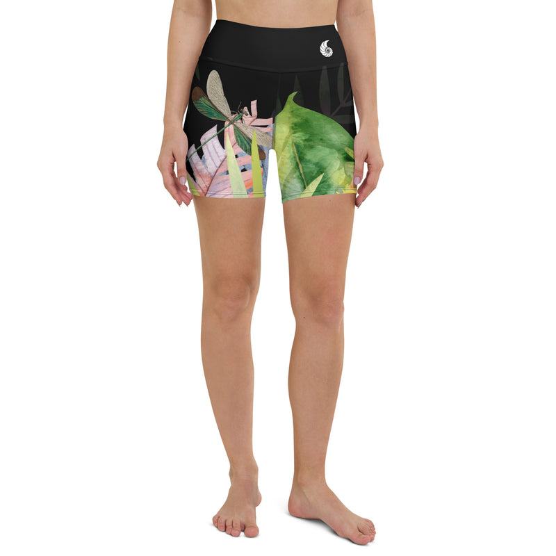 Couleurs Lagon - Yoga Shorts de Bain Taille Haute NOIR FLORAL HIBISCUS LIBELLULE - 1 poche ceinture