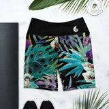Short yoga UPF50+ floral noir poche ceinture — avant porté Couleurs Lagon