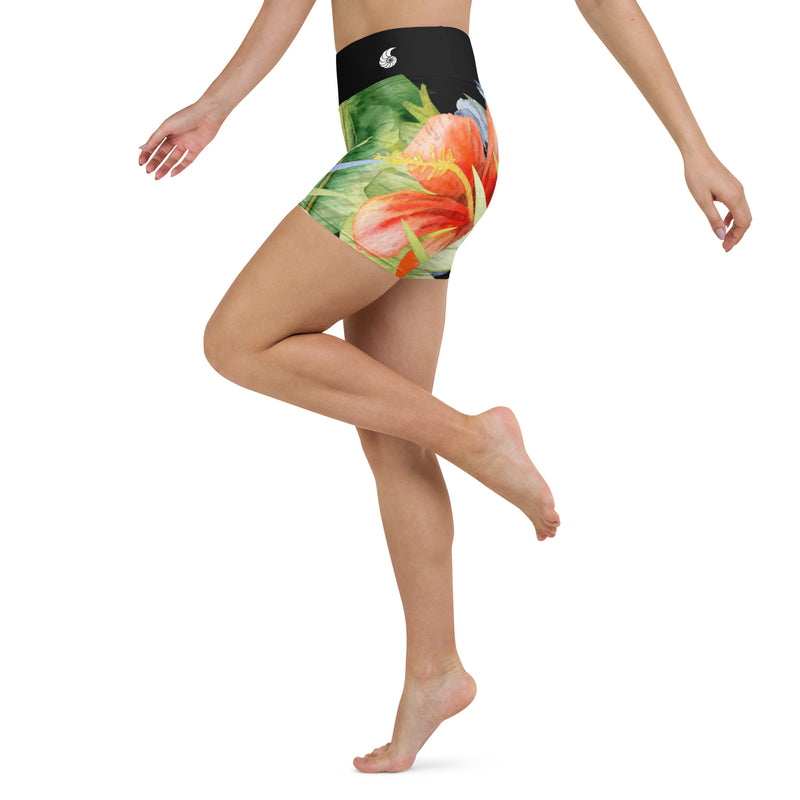 Couleurs Lagon - Yoga Shorts de Bain Taille Haute NOIR FLORAL HIBISCUS - 1 poche ceinture