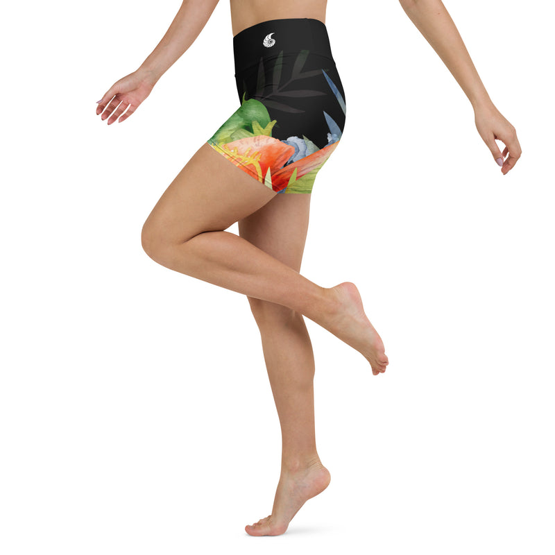 Couleurs Lagon - Yoga Shorts de Bain Taille Haute NOIR FLORAL HIBISCUS LIBELLULE - 1 poche ceinture