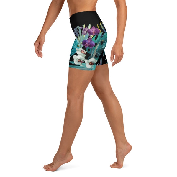 Short yoga bain noir floral extensible — côté gauche Couleurs Lagon Nouvelle-Calédonie