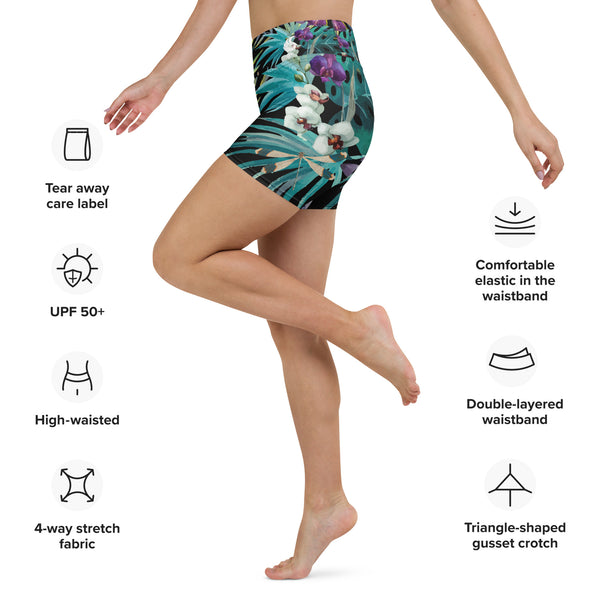 Yoga short noir libellule extensible — côté gauche Couleurs Lagon